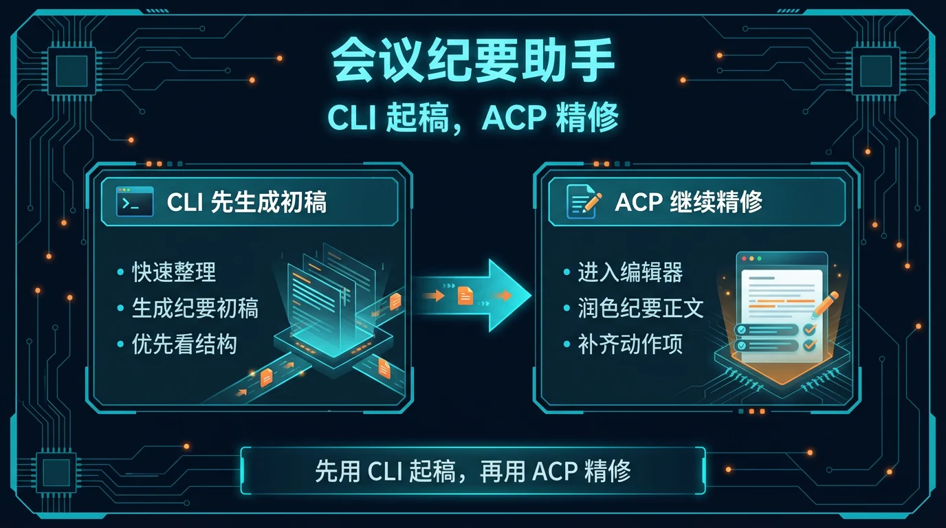 对比图：左边是 CLI 起稿，右边是 ACP 精修，先生成纪要初稿，再补齐动作项