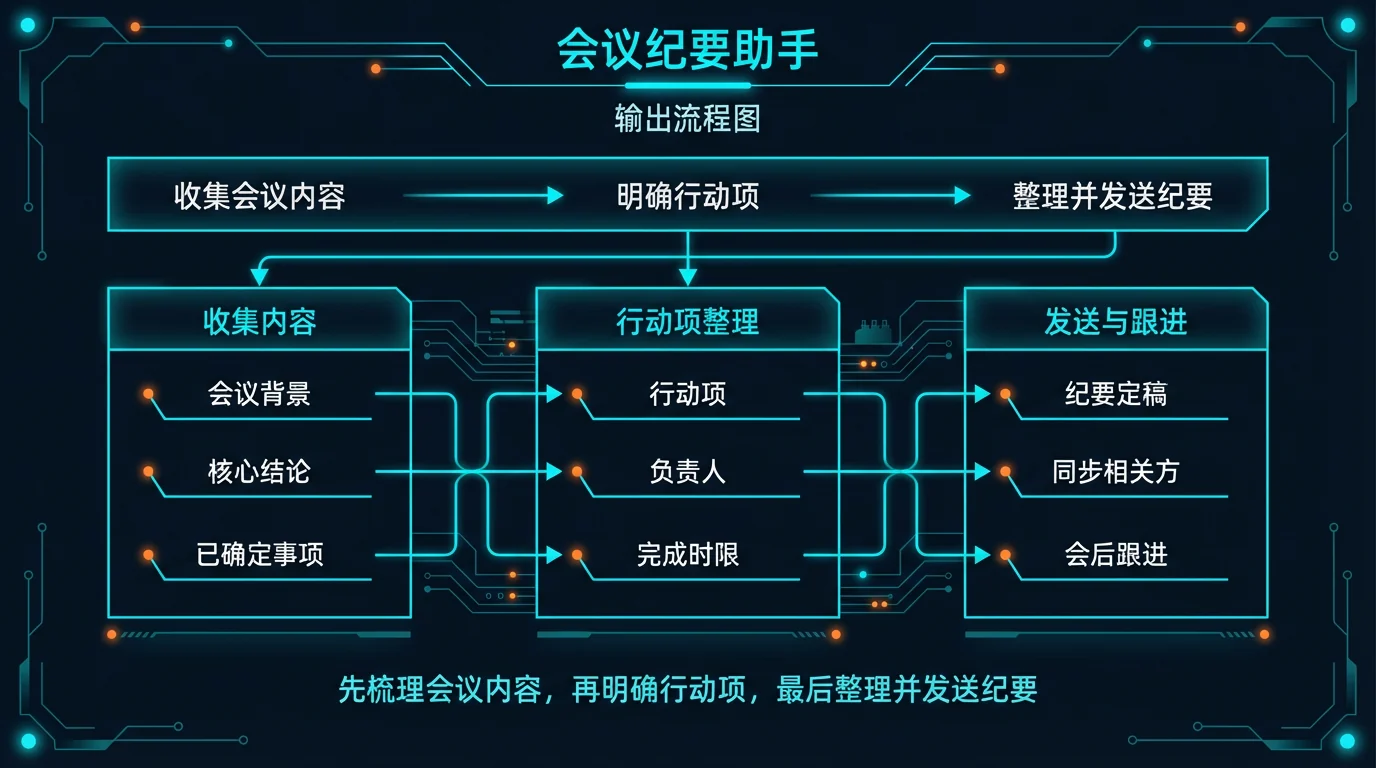 结构图：先梳理会议内容，再明确行动项，最后整理并发送纪要