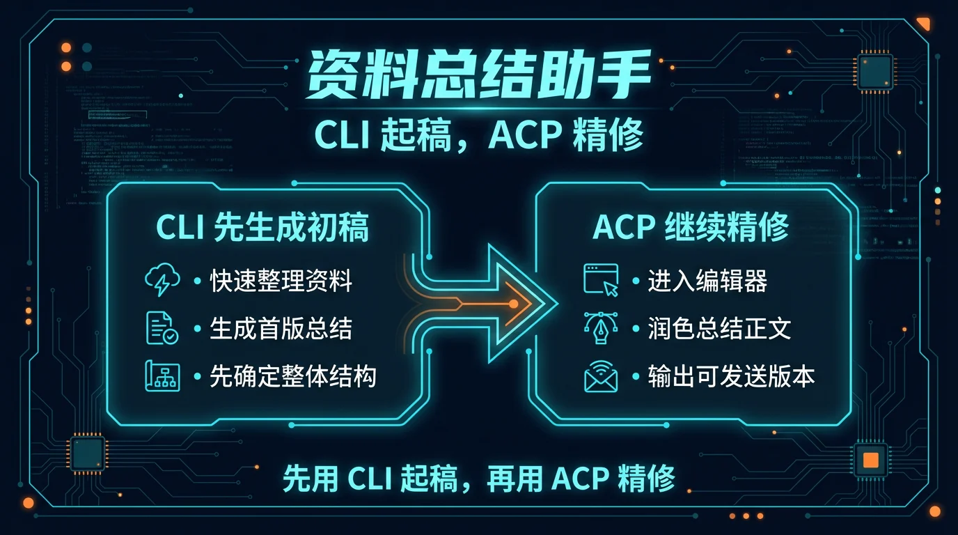 对比图:左边是 CLI 起稿,右边是 ACP 精修,先生成首版总结,再输出可发送版本