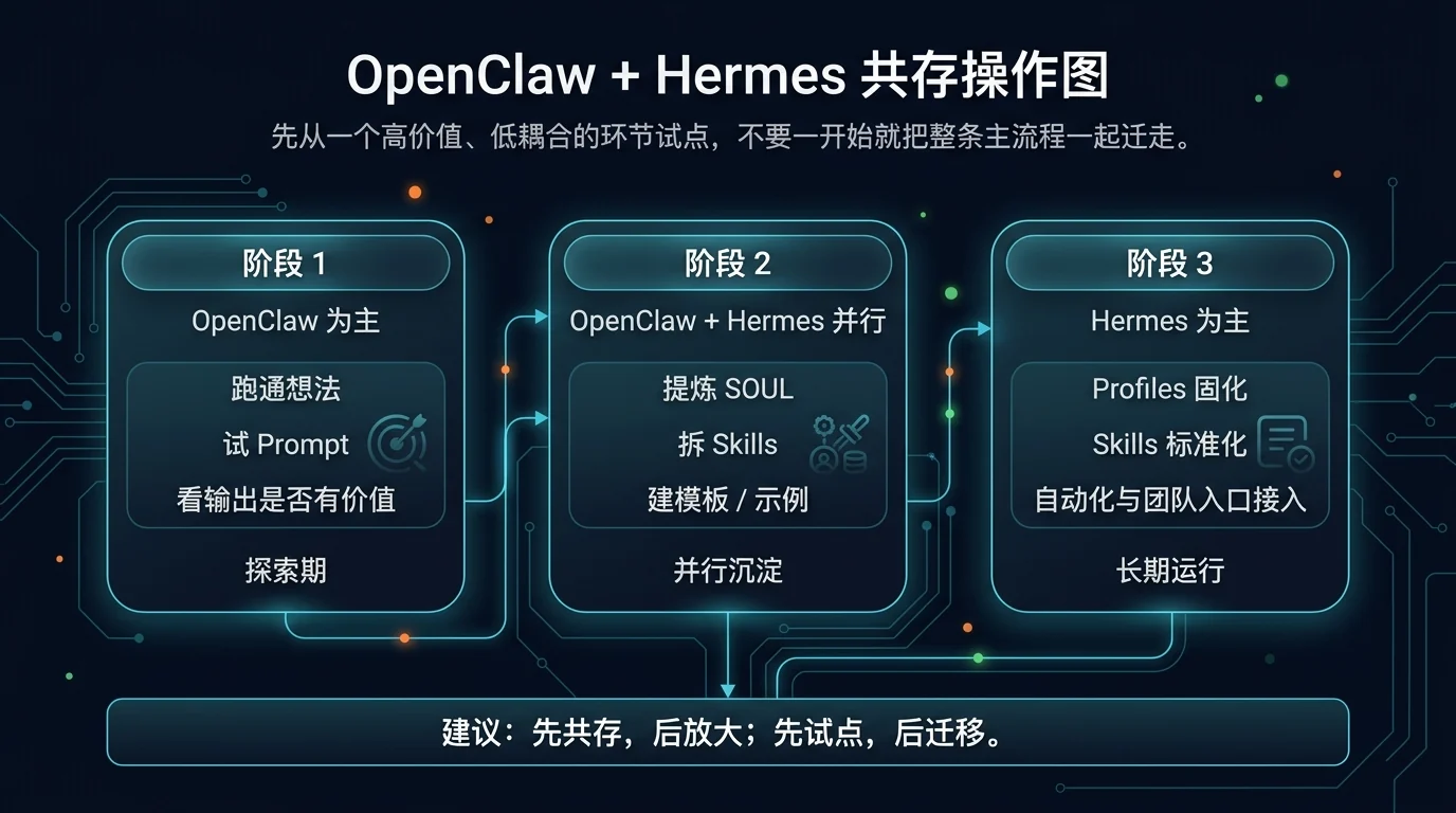 OpenClaw + Hermes 共存操作图:从 OpenClaw 为主,到 OpenClaw + Hermes 并行,再到 Hermes 为主的三阶段推进。