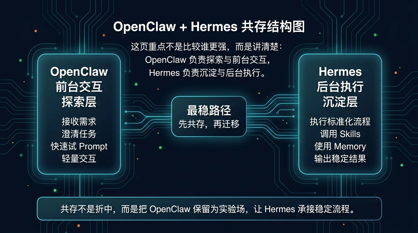 OpenClaw + Hermes 共存结构图:OpenClaw 作为前台交互与探索层,Hermes 作为后台执行与沉淀层,中间最稳路径是先共存再迁移。