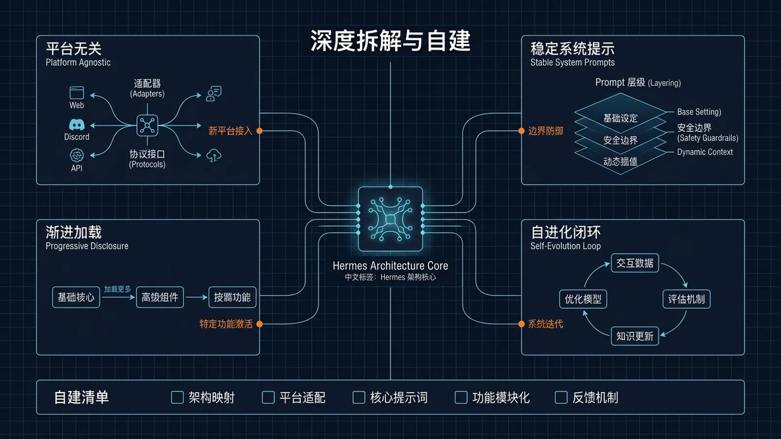 Hermes 内核四象限:Agent Loop(左上)、System Prompt 12 段组装(右上)、Tools 自注册 registry(左下)、四种 API 模式自动切换(右下)