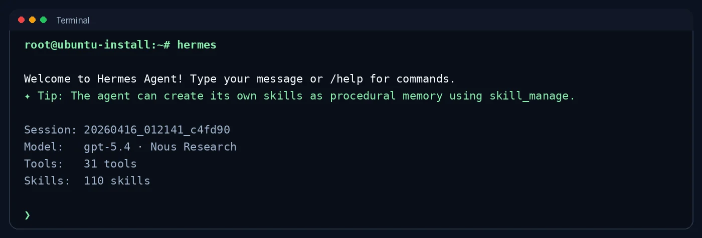 终端主入口界面截图:在 Linux 终端执行 hermes 后,界面显示已进入 Hermes Agent 交互主入口,并停在可继续输入的提示符位置。