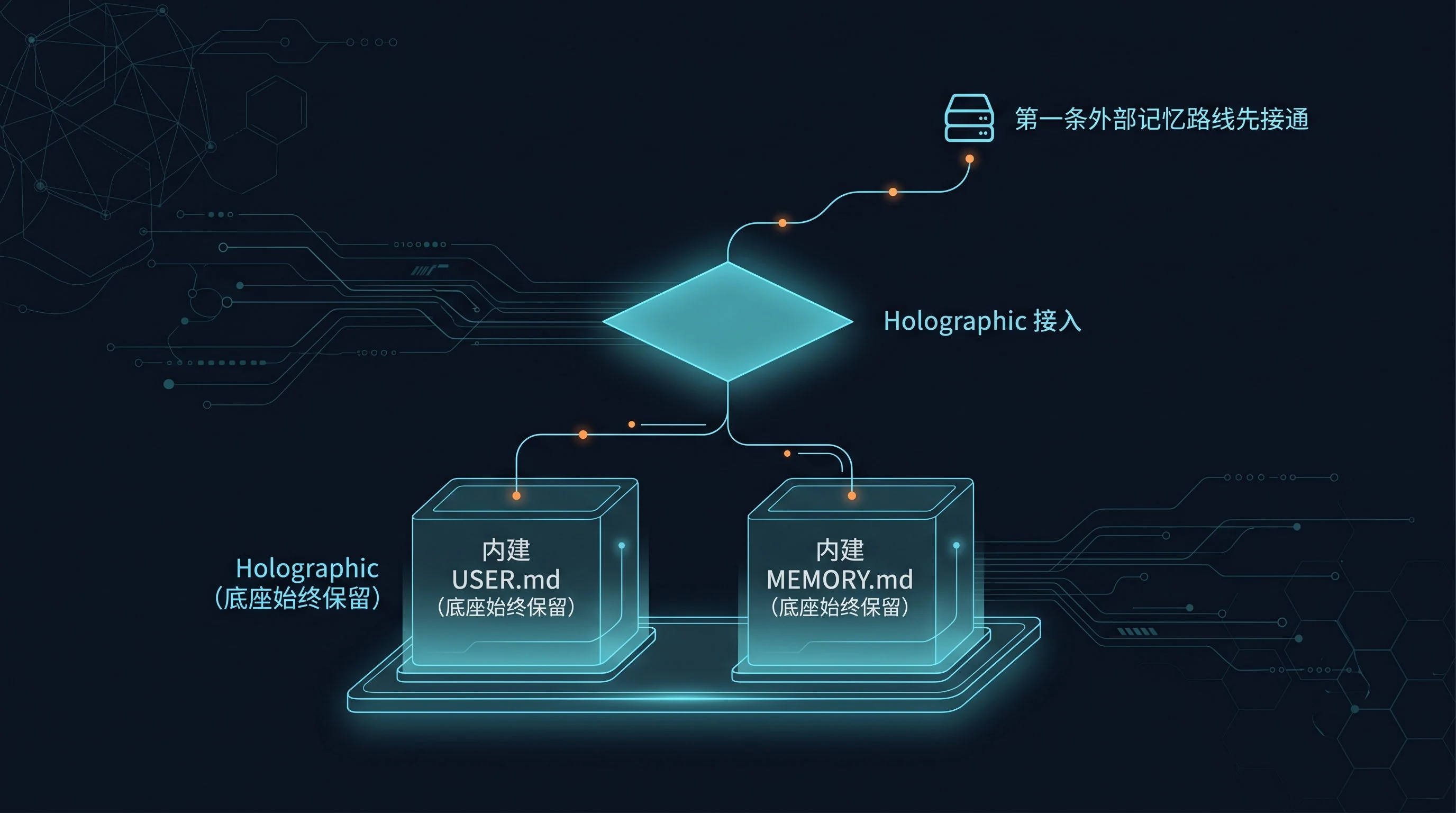 Holographic 接入结构图:中央为 Holographic 接入节点,下连内建 USER.md 与 MEMORY.md;图中同时标出一条优先接入的外部记忆路线
