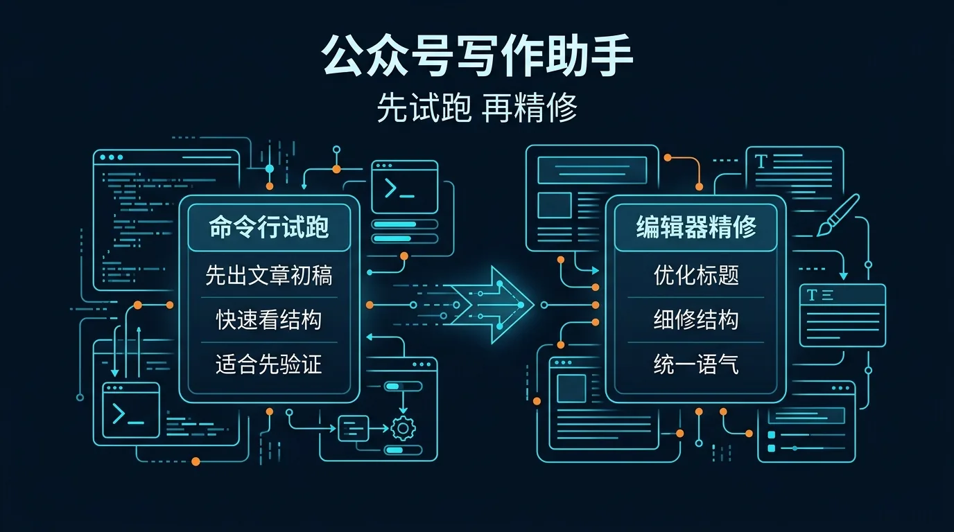 对比图:左边是 CLI 先快速出一版文章草稿,右边是 ACP 进入编辑器继续精修标题、结构和语气