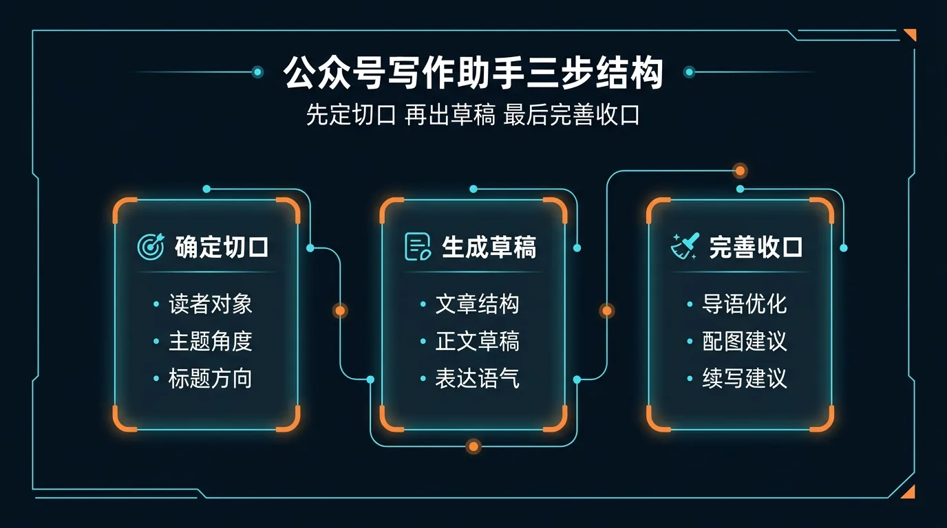 结构图:先定切口,再拿到文章草稿,最后补导语、配图、收口与续写方向