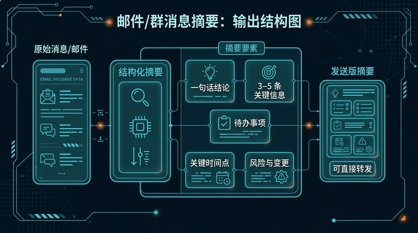 结构图：原始群消息或长邮件先整理成结构化摘要，再压缩成可直接转发的同步消息，确保结论、待办和关键时间点都不丢