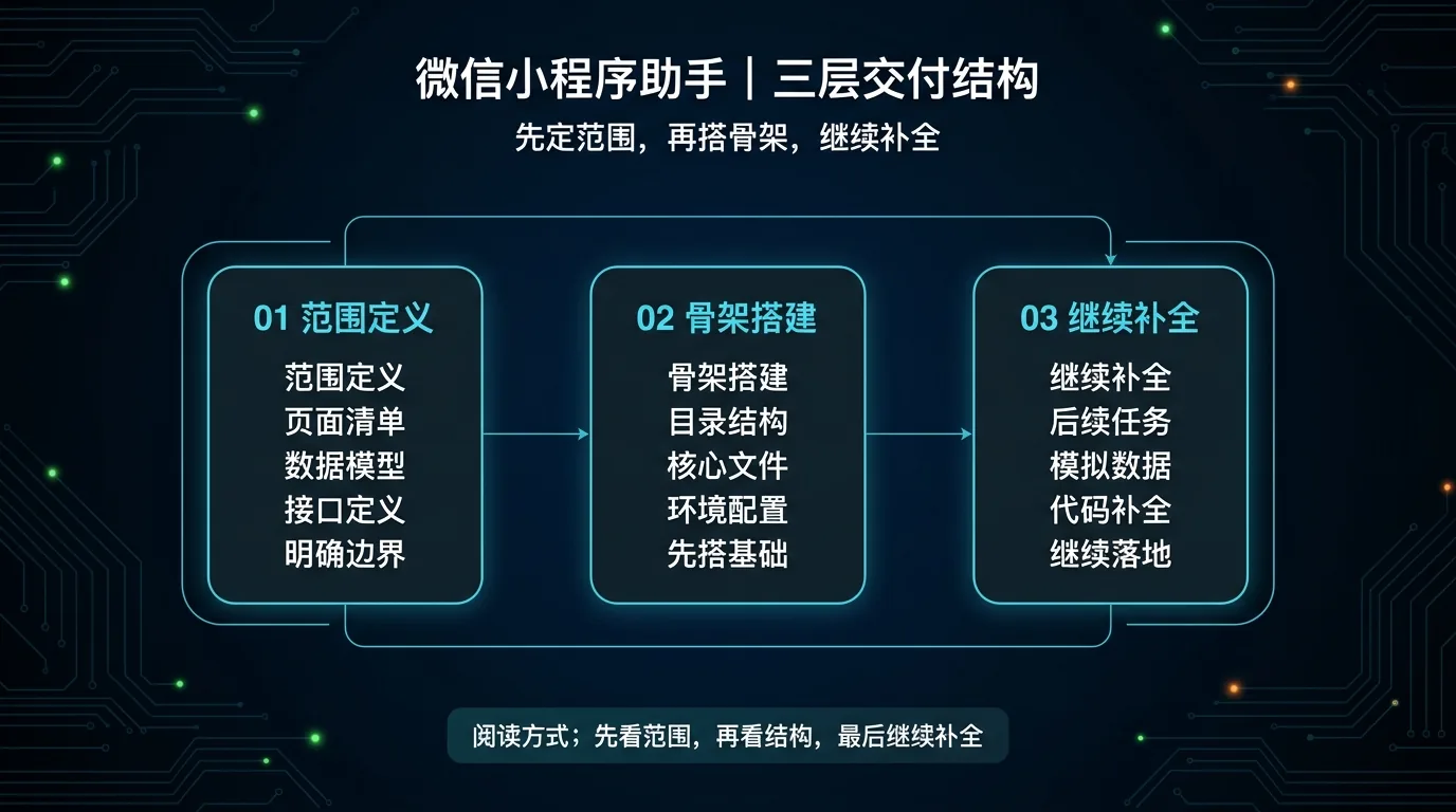 结构图:把“你会拿到什么”拆成 3 个连续交付阶段——先定范围,再搭骨架,最后继续补全