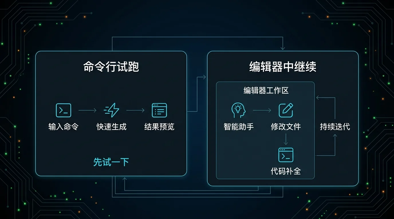对比图:左侧命令行试跑适合先快速生成并预览结果;右侧编辑器中继续适合借助智能助手持续修改文件与补全代码