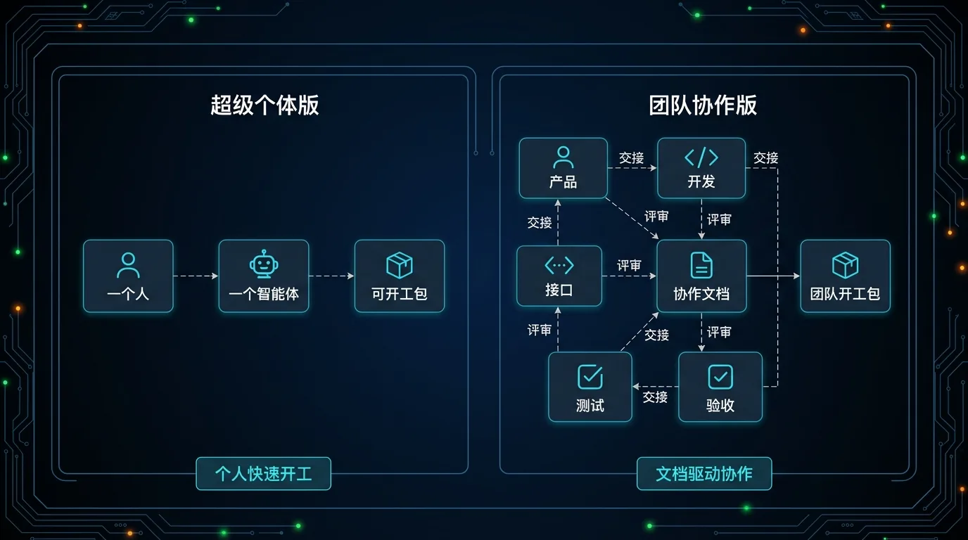 对比图:左侧是超级个体版,一人配一个智能体快速拿到可开工包;右侧是团队协作版,多角色围绕协作文档交接与评审,最终形成团队开工包