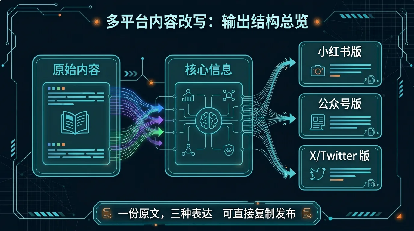 结构图:同一篇原始内容先提炼核心信息,再分别输出小红书版、公众号版和 X/Twitter 版,每个平台都强调可直接复制发布