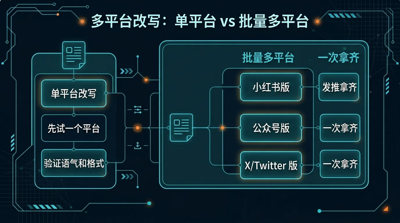 对比图:左侧是先改一个平台,适合第一次试跑、先验证语气和格式;右侧是批量多平台改写,适合团队一次拿齐小红书、公众号和 X/Twitter 多份成品