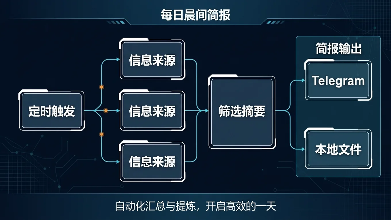 每日晨间简报流程图:定时触发、抓取来源、摘要筛选、投递到 Telegram 或本地