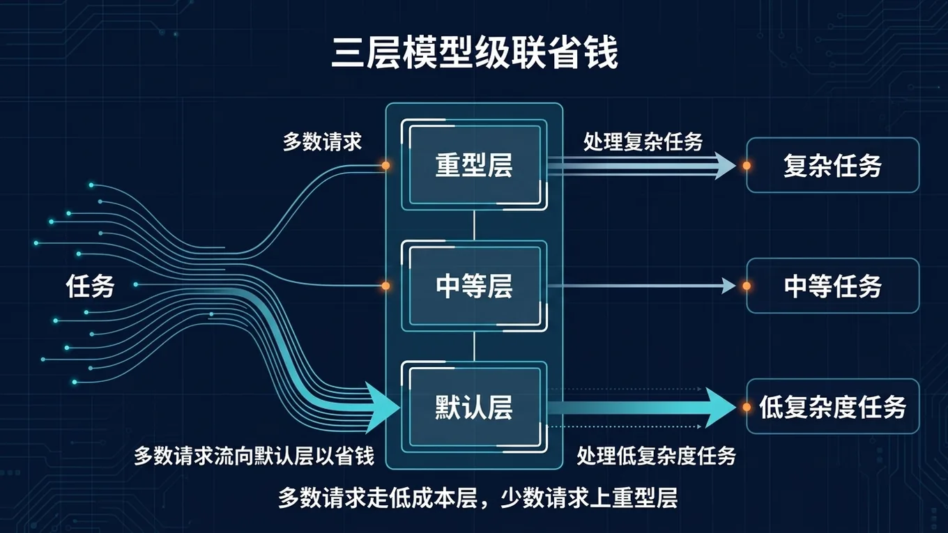 三层模型级联图:低成本模型处理中低复杂度任务,中端模型处理分析,旗舰模型只处理复杂任务