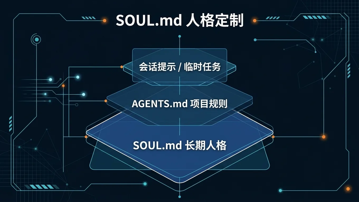 SOUL 分层示意图:SOUL.md 管长期人格,AGENTS.md 管项目规则,会话临时提示覆盖当前任务