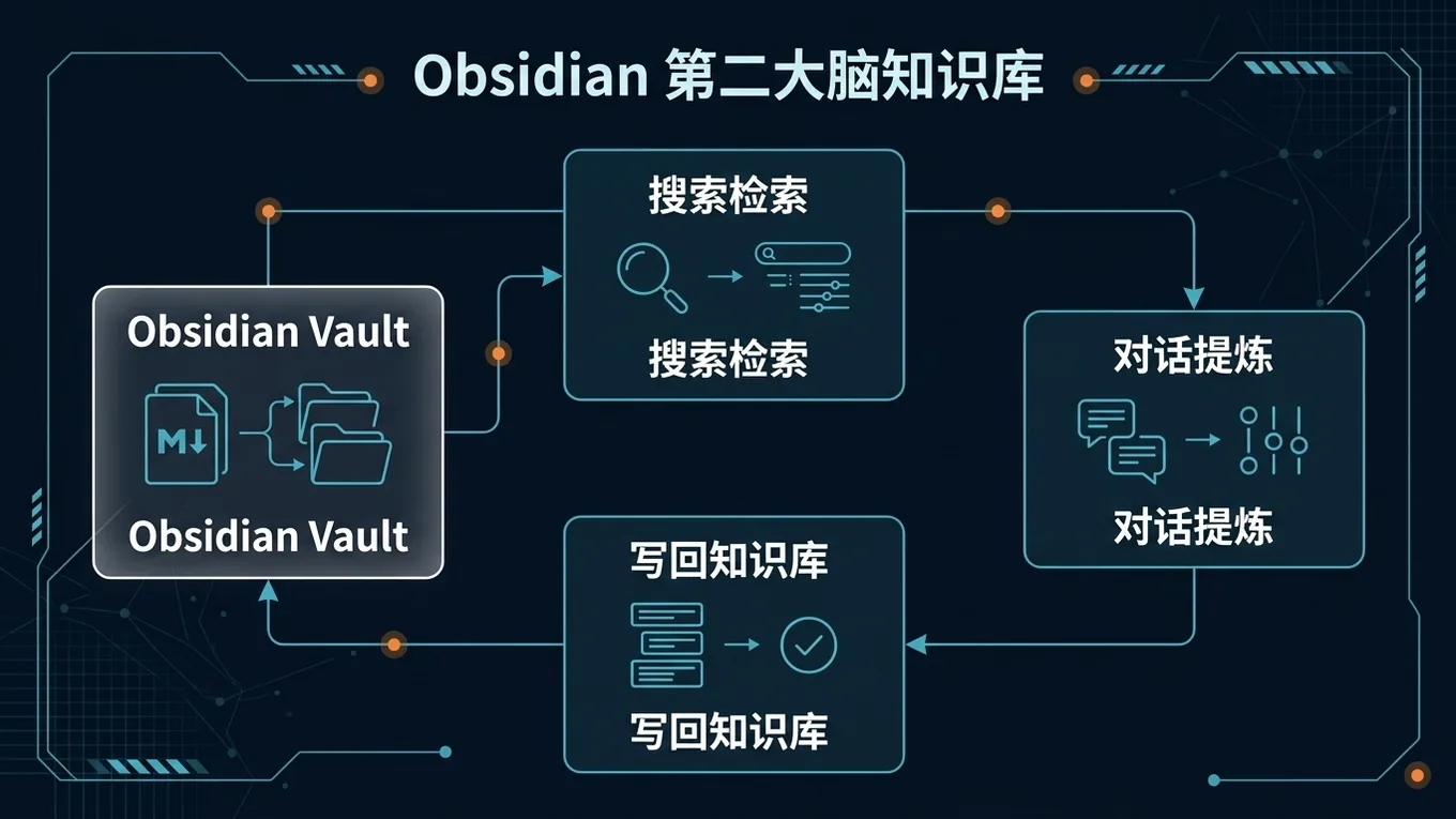 Obsidian 第二大脑流程图:Vault 笔记、搜索检索、对话提炼、自动写回知识库