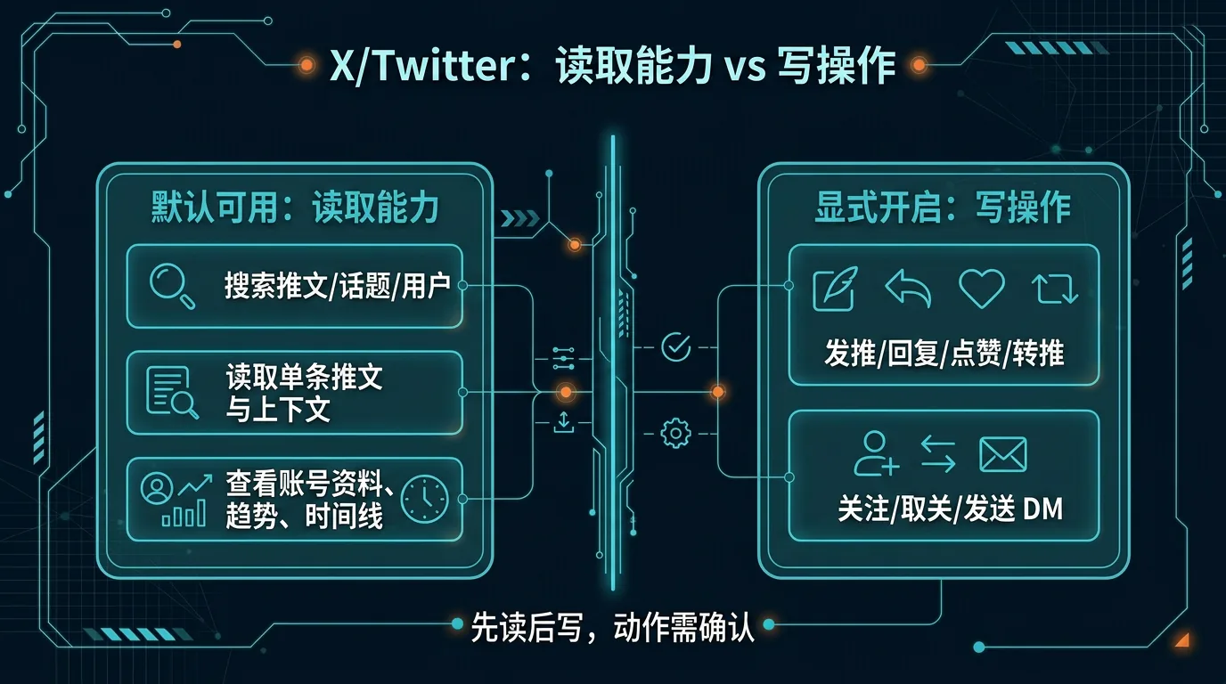 对比图：左侧是默认可用的读取能力，适合先搜索推文、读取上下文和监控提及；右侧是需要显式开启的写操作，包含发推、回复、点赞和私信，强调所有动作都以你的账号身份执行
