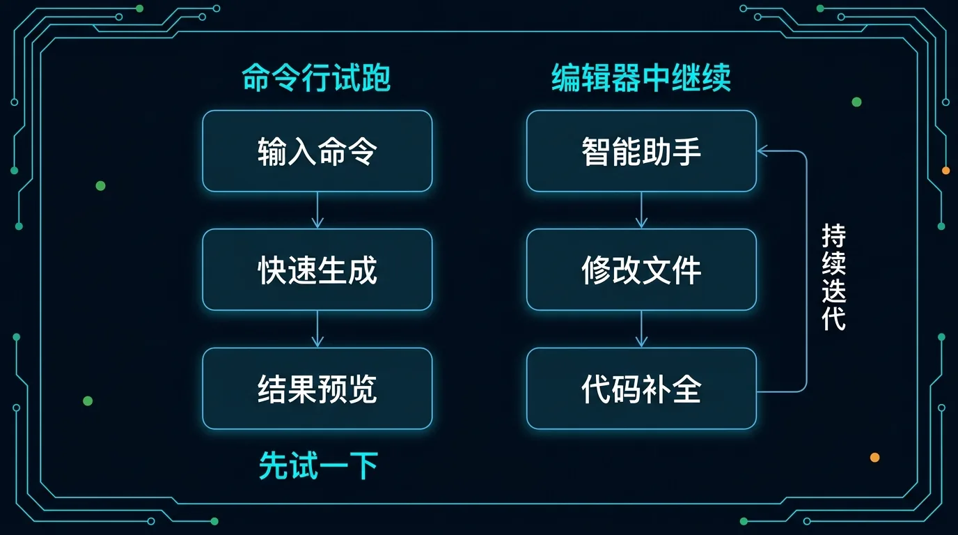 对比图:左侧命令行试跑适合先快速生成并预览结果;右侧编辑器中继续适合借助智能助手持续修改文件与代码补全
